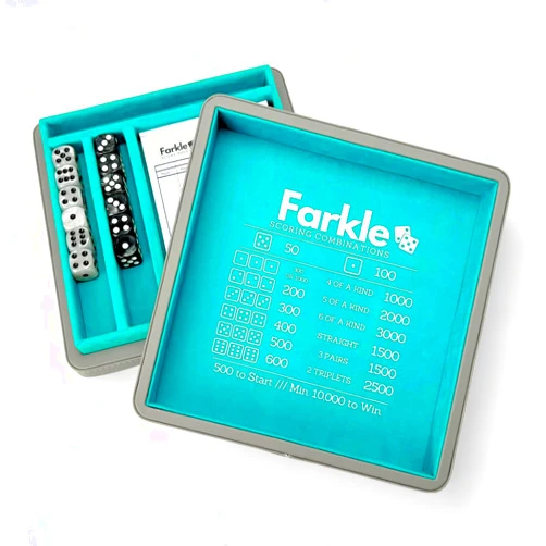 Luck Lab Farkle Dice Tray and Storage Case - Includes Embedded Scoring Combinations, 2 Sets of 6 Pearl Dice, 40 Sheet Score Pad and Pen Holder for The Classic Family Game (Grey and Turquoise)