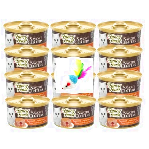 Generic Fancy Feast Pate Wet Cat Food, Savory Centers Pate with Chicken and a Gourmet Gravy Center 3 oz. 12 Cans witha Mouse Toy