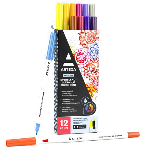 ARTEZA Dual Tip Brush Pens, 12 Vintage Tones, Watercolor Calligraphy Markers, Nylon Brush and Fine Tip, Water-Based Ink, for Illustration, Lettering
