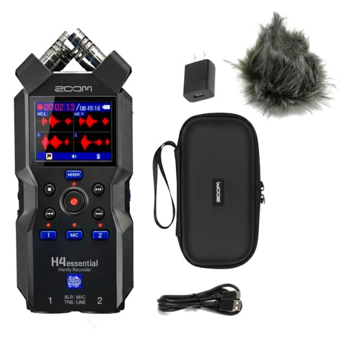 Zoom H4essential 4-Track 32-Bit Float Portable Audio Recorder Bundle with Zoom APH-4e Accessory Pack with Hairy Windscreen, Padded Shell Case, AC Adapter, & USB C-Cable