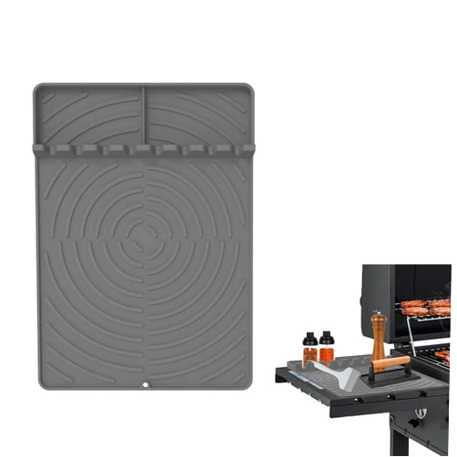 AIKUVA Silicone Grill Mat for Blackstone Grill Accessories, Heat Resistant Griddle Tools Mat with Drip Pad, BBQ Spatula Mat for Outdoor Grill and Kitchen Counter, gray