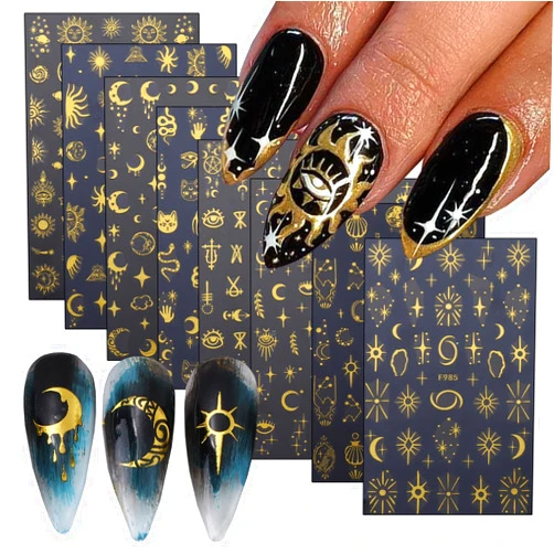TBRZTR 8 Sheets Gold Nail Sticker 3D Self-Adhesive Nail Decals Art Unique Moon Sun Stars White Cloud Snake Design Nail Art Sticker Decoration for Women Manicure Tips Acrylic Nails DIY Nails Art Supplies