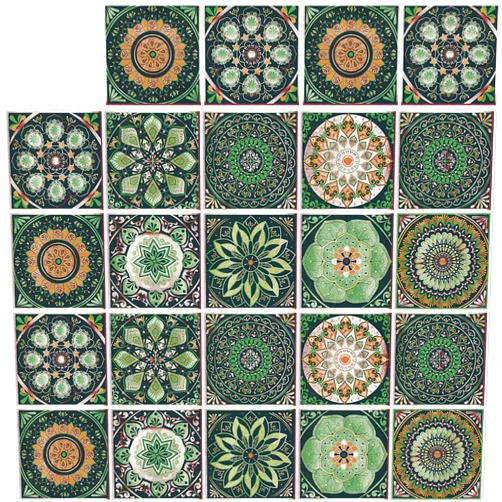 GULELAYAR 24Pcs Tile Stickers 7.87x7.87 Mandala Style Tile Stickers Peel and StickTile Decals Detachable Self-Adhesive Square Wall Decals, Tile Wallpaper for Kitchen Bathroom Backsplash Wall (8x8in)
