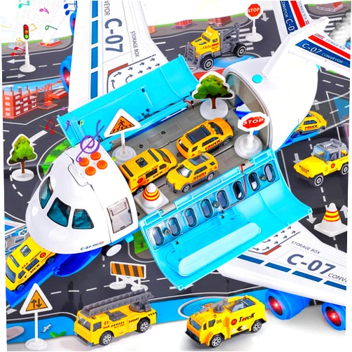 Bennol Spray Airplane Toys for Boys, Large Transport Cargo Airplane with 6 Construction Vehicle 10 Road Signs 1 Play Mat with Lights Sounds, Christmas Birthday Gifts for 3 4 5 6 7 8 Year Olds Boys