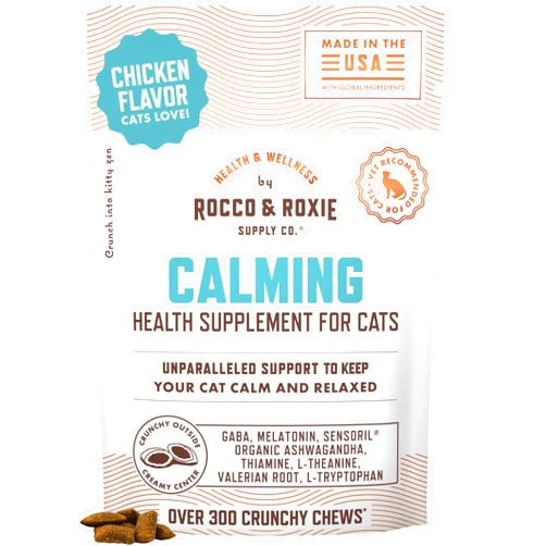 Rocco & Roxie Supply Co. Rocco & Roxie Cat Calming Treats with Melatonin for Cats, Stress and Anxiety Relief, Keep Calm for Grooming, Travel, or Vet Visits, Aid Sleep with Organic Ashwagandha and GABA, Chicken Flavored Chews
