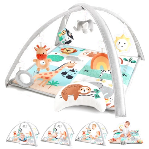The Peanutshell Unisex Baby Play Gym & 7-in-1 Play Mat - Playmat Baby Toys 0-6, 6-12 Months Tummy Time Mat with Hanging Toys, Soft Padded Mat for Newborns, Infants - Safari