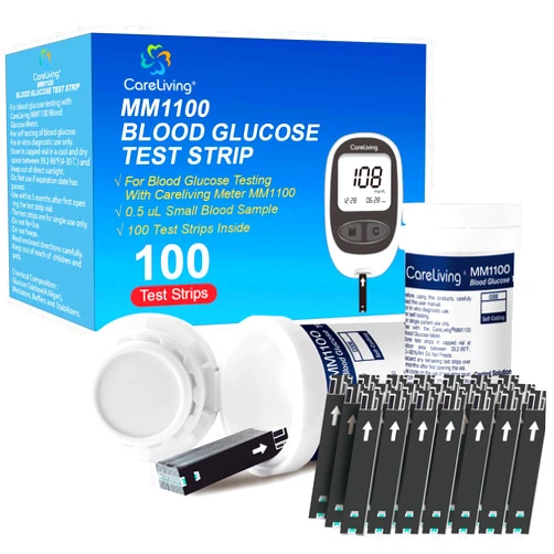 CARELIVING MM1100 Blood Glucose Test Strips, for Diabete Sugar Testing, 100 Count