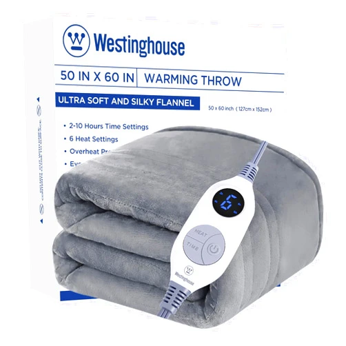 Westinghouse Heated Blanket Throw, Electric Throw with 6 Heating Levels, 2-10 Hours Time Settings, Overheat Protection, Machine Washable, Flannel (Throw, 50x60 Inches, Light Grey)