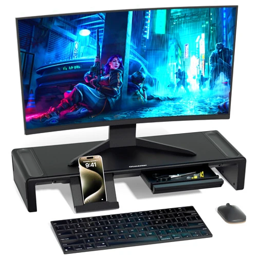 OImaster Monitor Stand Riser, Foldable Computer Monitor Riser, Adjustable Length Computer Stand and Storage Drawer & Pen Slot, Phone Stand Compatible Computer, Desktop, Laptop, Save Space (Black)