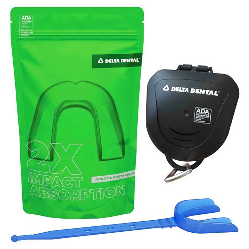 Delta Dental Athletic Sports Mouth Guard - ADA Accepted - 2X The Impact Absorption - Works with Braces 1 Pack Strapped (Adult, Blue Strapped)