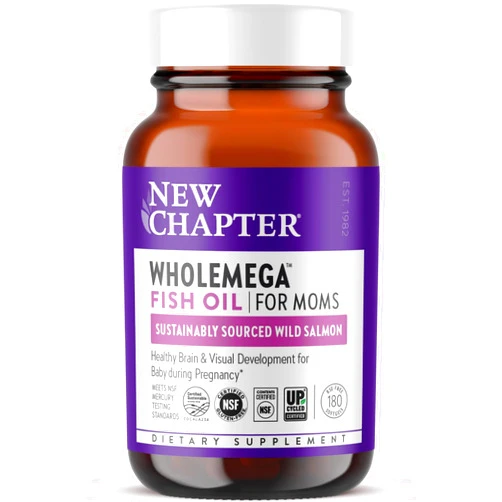 New Chapter Wholemega for Moms Fish Oil Supplement, Tiny Capsules, 2000mg per Serving, Prenatal DHA with Omega-3 + Vitamin D3 for Prenatal & Postnatal Support, 500mg Each - 180 Count
