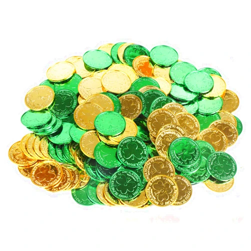 CCINEE St. Patrick's Lucky Coins Plastic Shamrock Leprechaun 3-Leaf Clover Coins for Party Decoration Favors, 144pcs/Gold and Green