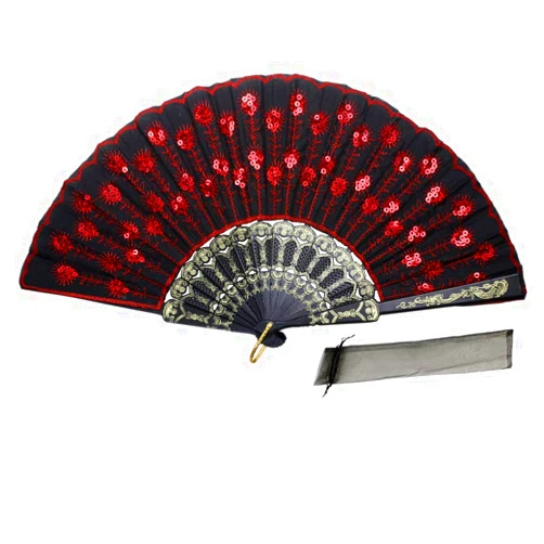 Newstarfactory Peacock Feather Red Sequins Design Black Plastic Folding Hand Fan