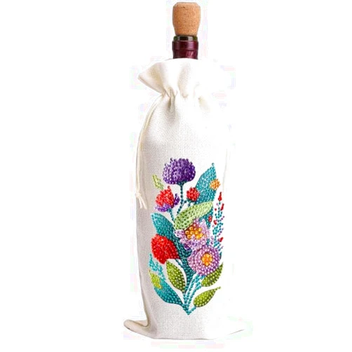 LUSandy DIY 5D Colorful Flowers Diamond Painting Wine Wrapping Bags White Xmas Wine Bottle Bags Covers Crystal Diamond Art Linen Wine Gift Bag Champagne Bags for Christmas Wedding Party Supplies