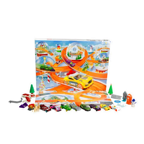 Hot Wheels Toy Cars, 2024 Advent Calendar, 8 1:64 Scale Vehicles, 16 Winter-Themed Accessories & Playmat