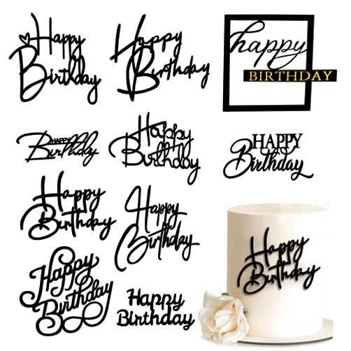 RASSLISA 10 PCS Black Happy Birthday Cake Toppers Mirror Acrylic Cake Topper Side Cake Decorations Cake Inserts Cake Decorating Supplies Cupcake Toppers for Birthday Party Cake Desserts Pastries 10 Styles