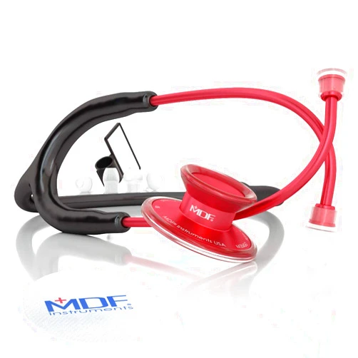 MDF Instruments, Acoustica Lightweight Stethoscope for Doctors, Nurses, Students, Home Health Use, Adult, Dual Head, Black Tube, Red Chestpiece-Headset, MDF747XPR11