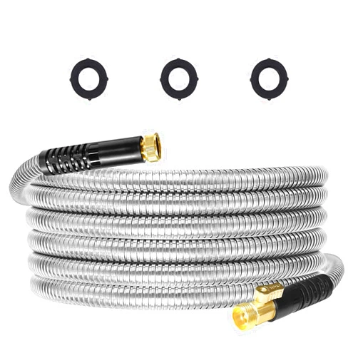 Gardentime 15FT Metal Garden Hose Stainless Steel Heavy Duty Lightweight Flexible Water Hose with 3/4” Fitting 10 Function Nozzle Leak Puncture Proof, No Kink & Tangle, Durable Outdoor Pipe Yard Lawn