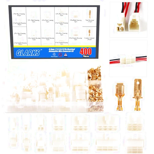 Glarks 400Pcs 6.3mm 1 2 3 4 6 8 9 Pin Electrical Automotive Wire Connector Male Female Socket Plug and Pin Header Crimp Wire Terminals Kit for Motorcycle, Bike, Car, Boats