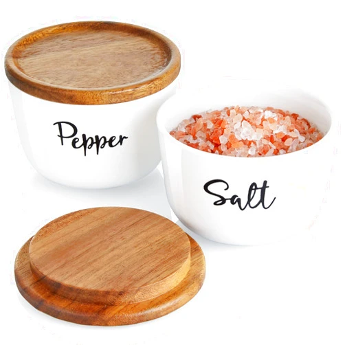 DAYYET Salt and Pepper Bowls, 10 oz Salt Cellar with Lid, Stacked Ceramic Salt Pepper Container with Acacia Wood Lid, Salt Box for Countertop, Modern Kitchen Decor, Set of 2, White