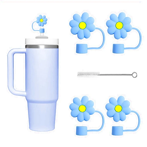 Moliy Silicone Straw Cover Cap Blue Accessories for Stanley Cup 30&40 Oz, Reusable 4pcs Cute Flower Straw Topper for 10mm Straws