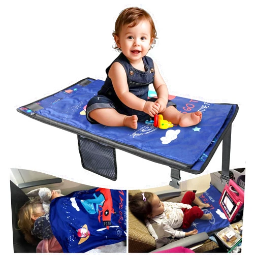 TIOKVIOP Kids Airplane Bed with Quilt, Safe and Cozy Toddler Travel Essential Seat Extender for Babies, Airplane Must Have for Toddlers (Blue)
