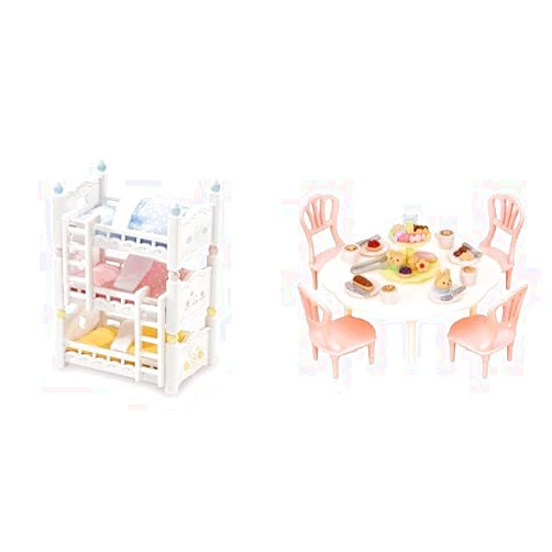 Calico Critters Triple Baby Bunk Beds & Sweets Party Set - Dollhouse Furniture Bundle with 3-Tier Beds and 30 Tea Party Accessories