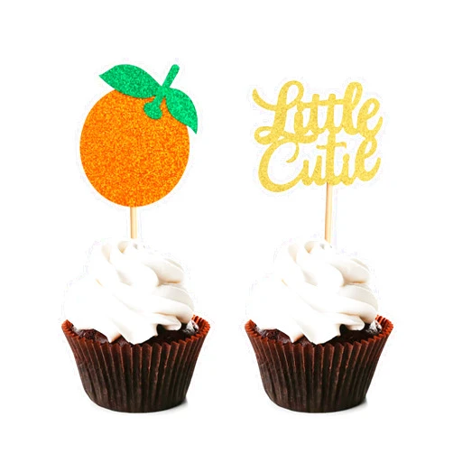 UNIMALL Pack of 24 Little Cutie Cupcake Toppers Gold Orange Glitter Cake Decoration for Citrus Theme Baby Shower Birthday Party Decoration, small