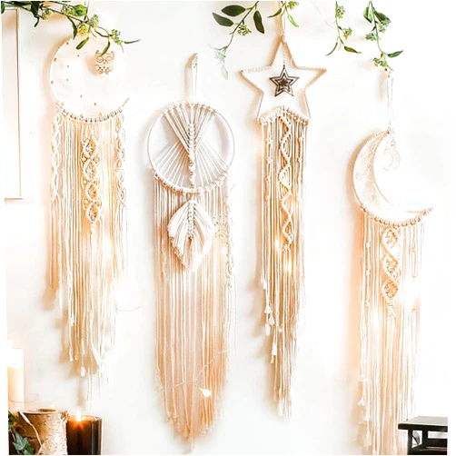 Dremisland 4 Pack Boho Dream Catcher Wall Decor Moon Dream Catcher Macrame Woven Wall Hanging Boho Home Decor Wall Art Beautiful Apartment Dorm Room Decor (Beige)