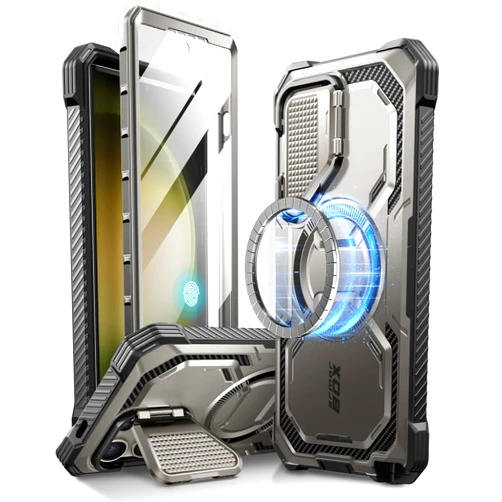 i-Blason Armorbox for Samsung Galaxy S24 Ultra Case MagSafe with Camera Cover Stand [Support Wireless Charger] 360 Full-Body Case with Screen Protector & Kickstand Phone Case for S24 Ultra, Gray