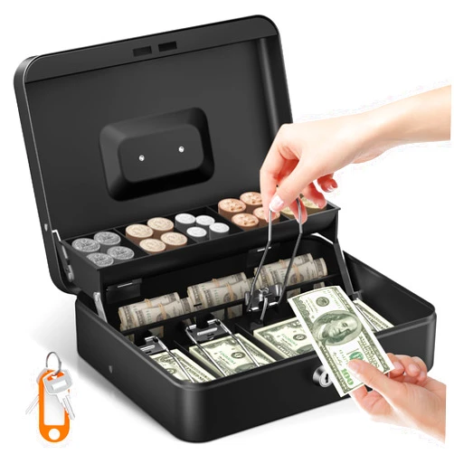 Uniclife Cash Box with Money Tray and Lock, Large Money Box for Cash Register, Safe Metal Lock Box with Key, Portable Money Saving Box, Black Metal Cash Drawer, 11.9