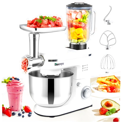 Huanyu 3-in-1 Multifunctional Stand Mixer with 1.5L Blender and Meat Grinder Electric Kitchen Mixer with 6L Stainless Steel Bowl 6 Speed Food Mixer for Most Home Cooking