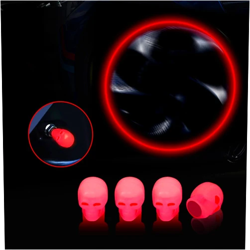 Miytsya 4 PCS Luminous Wheels Cap Tire Valve Stem, Glow Luminous at Night, Air Caps Cover Fluorescent, Illuminated Auto Car Wheel Valve Stem Caps Cover for Car, SUV, Truck (Red #Skull)