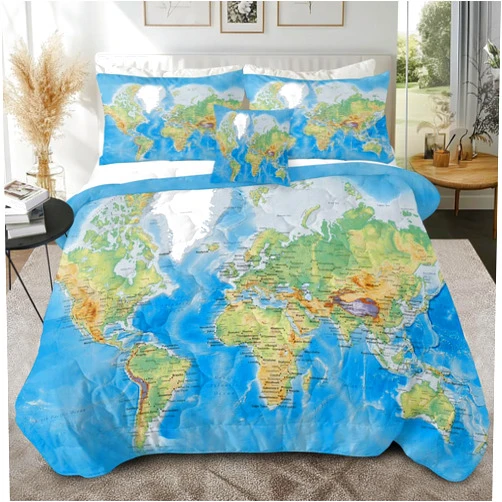 Sleepwish Map Comforter Set Map of The World Print Bedding Set Queen Size 4 Pieces Blue Bed Set 1 Comforter 2 Pillow Cases 1 Cushion Cover