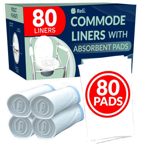 Reli. Commode Liners with Absorbent Pads (Bulk 80 Pack) | 80 Liners, 80 Pads | Bedside Commode Liners for Bedside Toilet Chair Bucket | Commode Poop Bags | Disposable Bed Pad Liner/Waste Bags