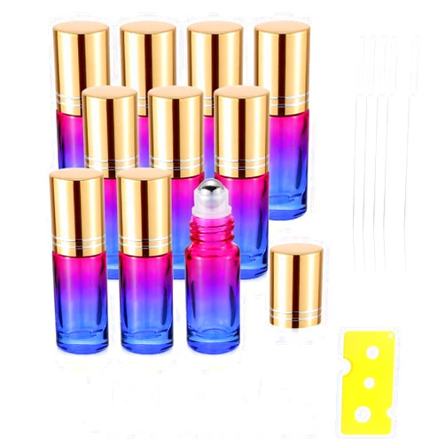 JIUWU 10 Pack 5ml Rose-Blue Gradient Glass Stainless Ball Roller Bottles Essential Oils/Perfume/Aromatherapy/Organic Beauty Vials Container with Gold Cap(5 Droppers, 10 Funnels, 1 Bottle Opener)