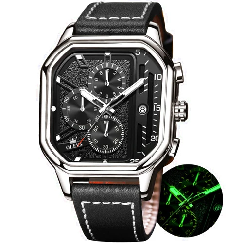 OLEVS Square Watches for Men Brown Leather Chronograph Fashion Business Watch Luminous Waterproof Casual Wrist Watches