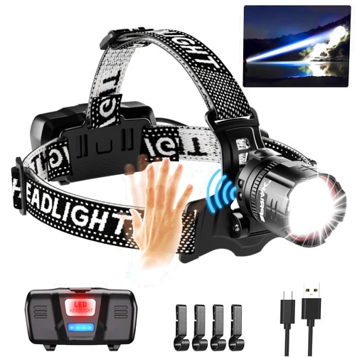 Spriak 90000 Lumens LED Headlamp& 100H Using Time, USB Rechargeable Head lamp, 90° Adjustable Widebeam Motion Sensor Head Light with 5 Modes,Zoomable for Camping Running Hiking, Hard Hat Headlamps 1pc