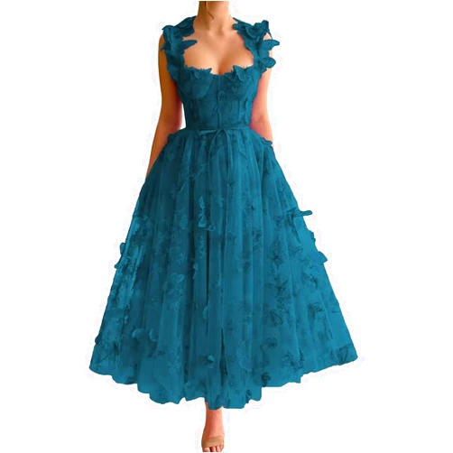 Generic Women's Tulle Prom Dresses 3D Butterflies Spaghetti Straps Formal Evening Gowns with Slit Sweetheart Tea Party Dress