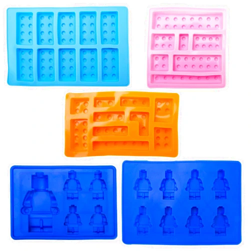 GreaterGood Minifigure Multi Building Blocks Ice Cube Trays & Candy Chocolate Molds for Popsicles, Jello, Melted Chocolate, & Crayons - Set of 5 - Fun Birthday Party Favors for Lego Lovers (Blue, Pink, Orange)