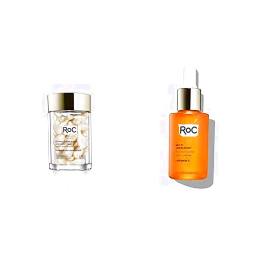 RoC AM to PM Glow + Smooth Serum Bundle: RoC Vitamin C Serum for Day + Retinol Serum Night Capsules for fine lines, wrinkles, and uneven tone