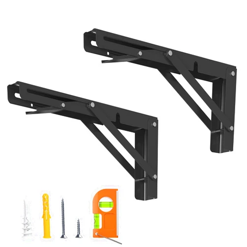 LuckIn 16 Inch Folding Shelf Brackets, Heavy Duty Collapsible Triangle Shelf Brackets for DIY, Wall Mounted Folding Shelves Foldable Table, Max Load 300 lbs, Matte Black, 2 Pcs