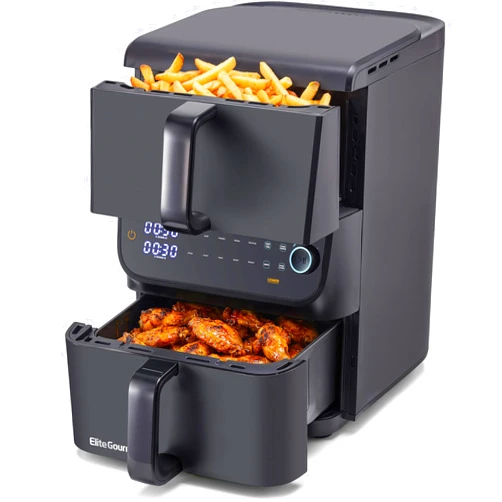 Elite Gourmet Dual Stacked Air Fryer, 10.5 Qt Total Capacity, PFAS-Free Nonstick Baskets, Sync Cook & Sync Finish, 10 Presets, 1700W, Black