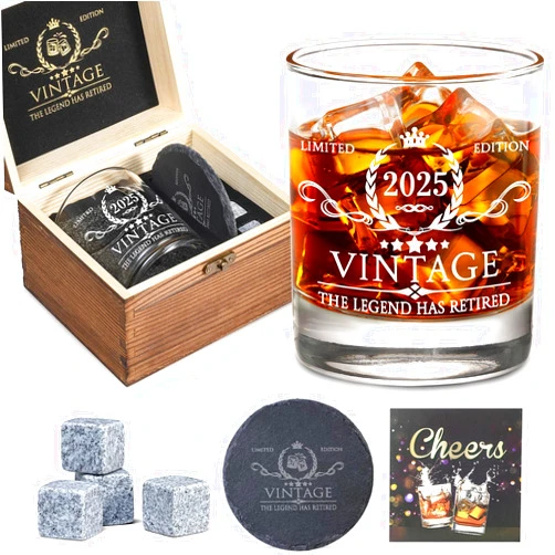 AOZITA Retirement Gifts for Men Whiskey Glass Set - The Legend Has Retired 2025 - Retirement Party Decorations, Supplies - Gifts Ideas for Him, Dad, Husband, Friends - Wood Box & Whiskey Stones & Coaster