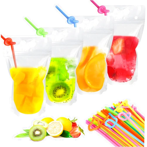 PTUNA 100PCS Drink Pouches with 100 Drink Straws, Reusable Smoothie Bags Juice Pouches, Heavy Duty Hand-Held Translucent Reclosable Zipper Plastic Ice Drink Flasks Pouches for Adults and Kids