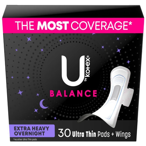 U by Kotex Balance Ultra Thin Overnight Pads with Wings, Extra Heavy Absorbency, 30 Count