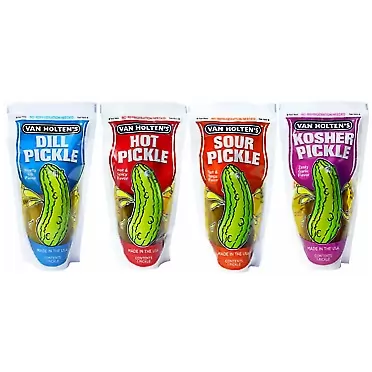 Grocery Van Holten's Pickle In-a Pouch Variety Pack, 12 pickles, 3 of each Flavor of Kosher, Dill, Hot & Spicy and Sour Ready to Eat Single Serve Pickles in their own pouch! No Refrigeration needed. 12 Count (Pack of 1)
