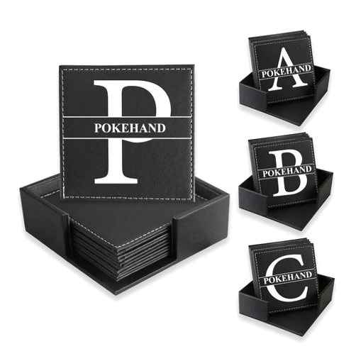 POKEHAND Custom Coasters Set of 6, Personalized Leather Coasters for Drinks with Holder, DIY Customized with Name or Photo, Waterproof, Heat-Resistant, for Bars, Kitchens, Home Apartments