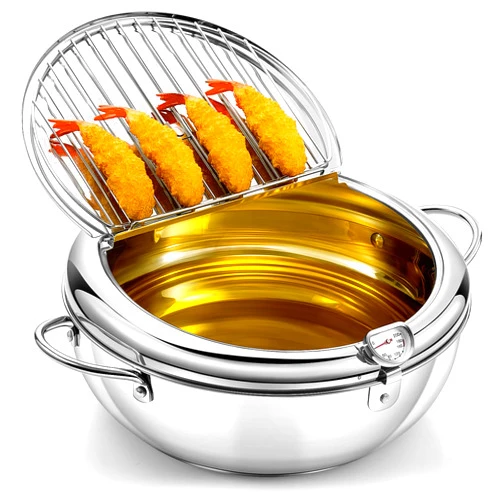 Reallnaive 4.4 Qt (4.2 L) Deep Fryer Pot 304 Stainless Steel Tempura Frying Pot with Lid and Oil Drain Rack Japanese Deep Fryer Pan with Temperature Control for Kitchen French Fries, Chicken