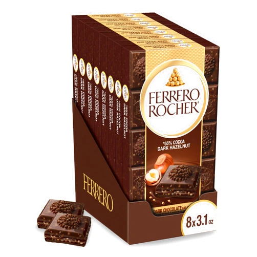 Ferrero Rocher Premium Chocolate Bars, 8 Pack, Dark Chocolate Hazelnut, Luxury Chocolate, Individually Wrapped Holiday Treats, 3.1 oz Each